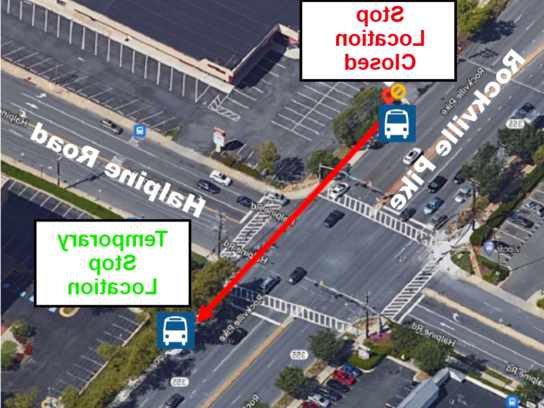 Starting Friday, March 8, until Friday, April 12, the bus stop at Rockville Pike and Halpine Road will relocate to facilitate the construction of a new mixed-use path.